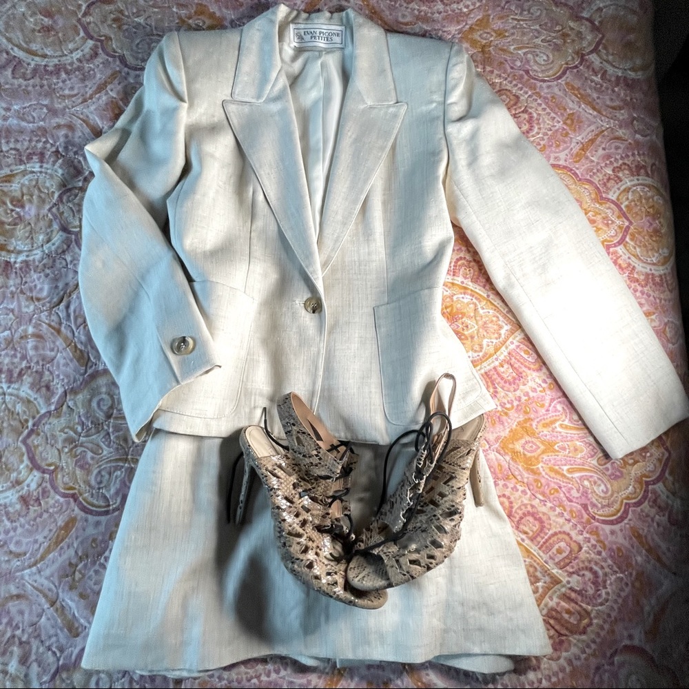 Beige colored linen suit and skirt set separates